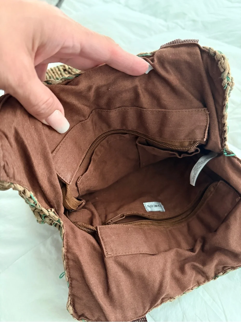 Chico's Brown Handwoven Satchel with Turquoise Bead Accents